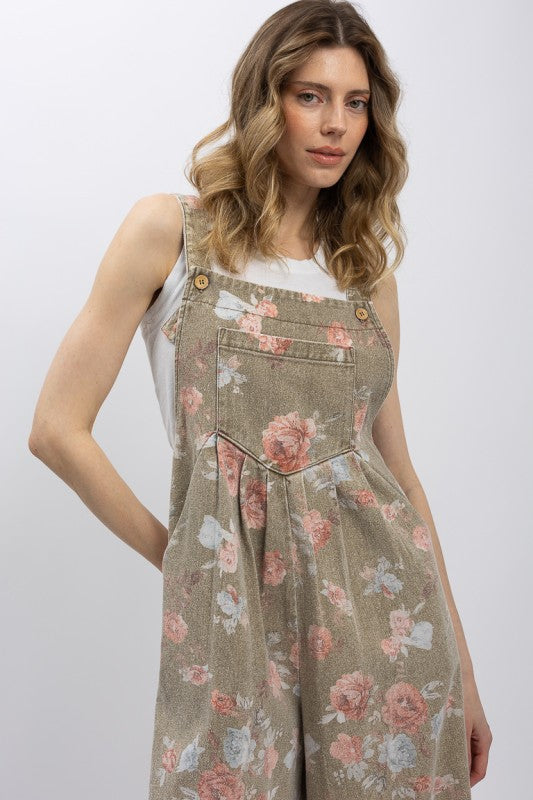 For Love (Khaki) Floral Wide Leg Overalls