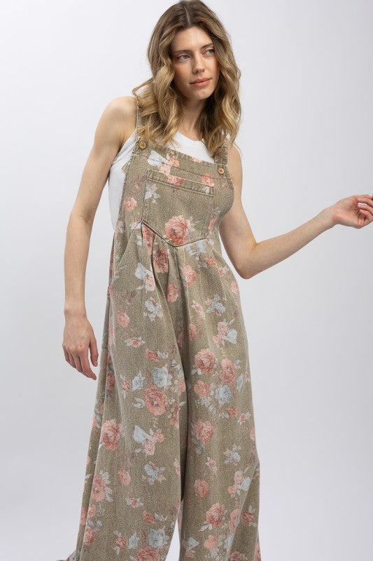 For Love (Khaki) Floral Wide Leg Overalls