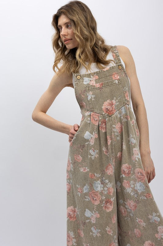 For Love (Khaki) Floral Wide Leg Overalls