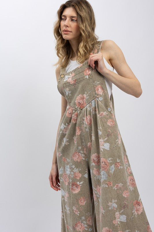 For Love (Khaki) Floral Wide Leg Overalls