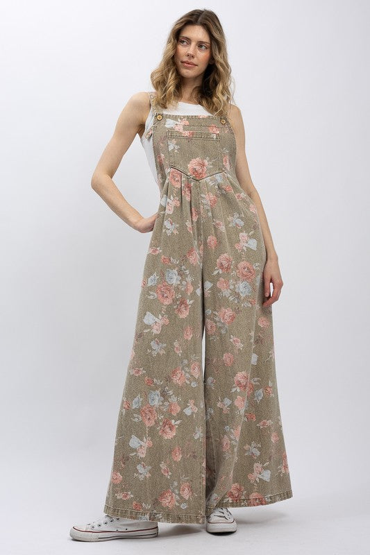 For Love (Khaki) Floral Wide Leg Overalls