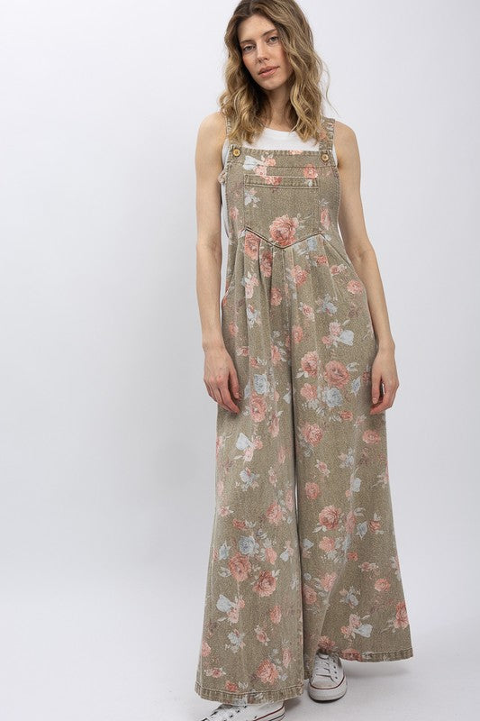 For Love (Khaki) Floral Wide Leg Overalls