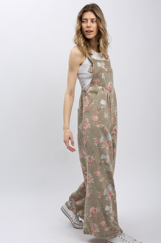 For Love (Khaki) Floral Wide Leg Overalls
