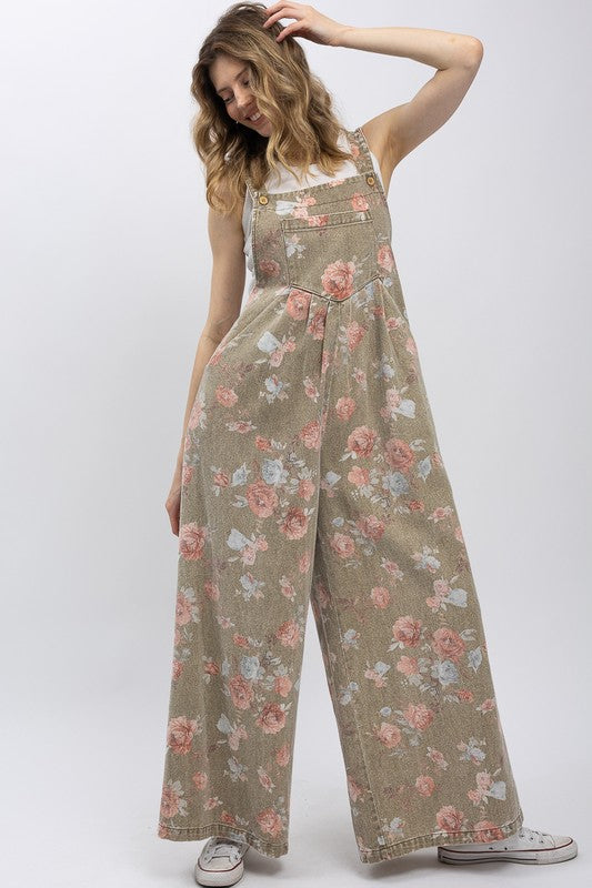 For Love (Khaki) Floral Wide Leg Overalls