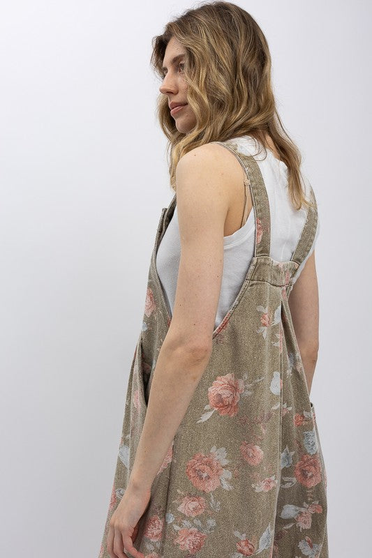 For Love (Khaki) Floral Wide Leg Overalls