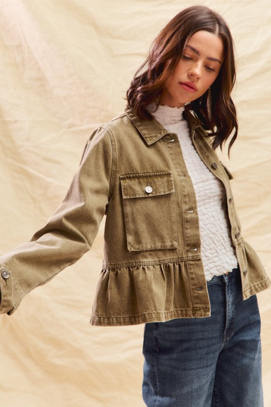 Layered Up (Olive) Denim Ruffle Jacket