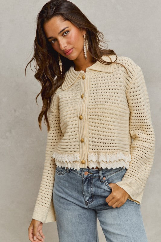Dainty Darling (Crm)  Lace Trim Cardigan