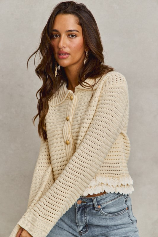 Dainty Darling (Crm)  Lace Trim Cardigan