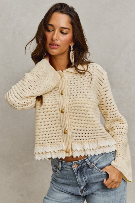 Dainty Darling (Crm)  Lace Trim Cardigan