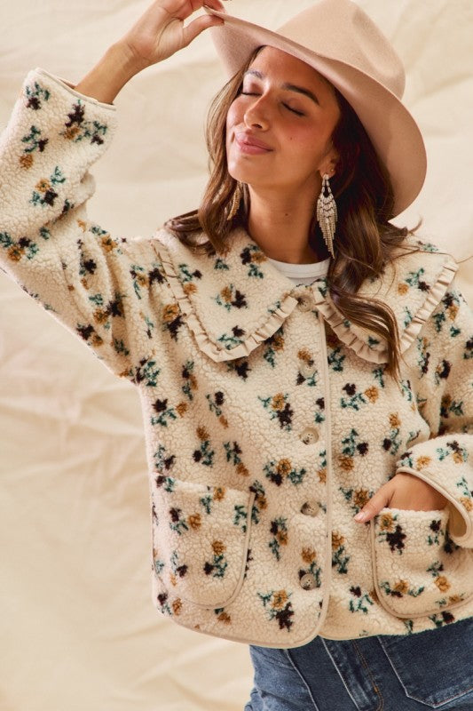Dolled Up Floral Doll Collar Sherpa Jacket
