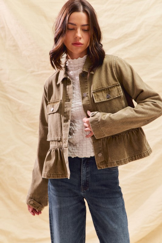 Layered Up (Olive) Denim Ruffle Jacket