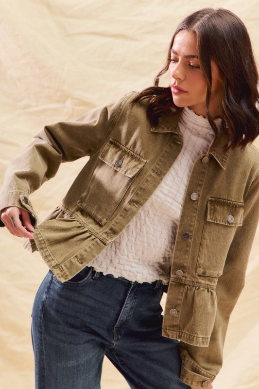Layered Up (Olive) Denim Ruffle Jacket