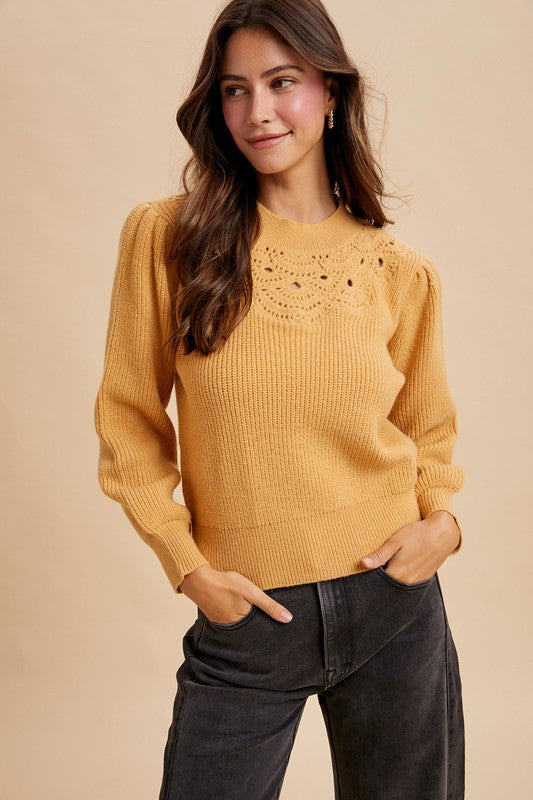 Marigold Blooms Crochet Detail Sweater