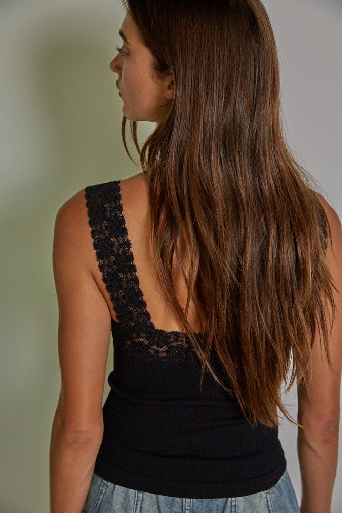 Lace Trim (Black) Seamless Ribbed Tank