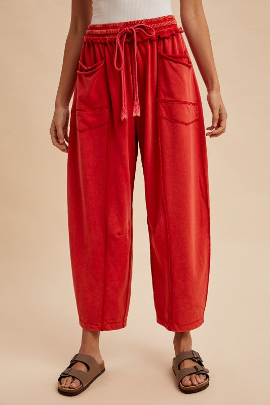 Never Better (Red) Min Wash Barrel Pants