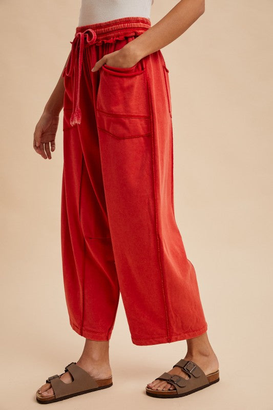 Never Better (Red) Min Wash Barrel Pants