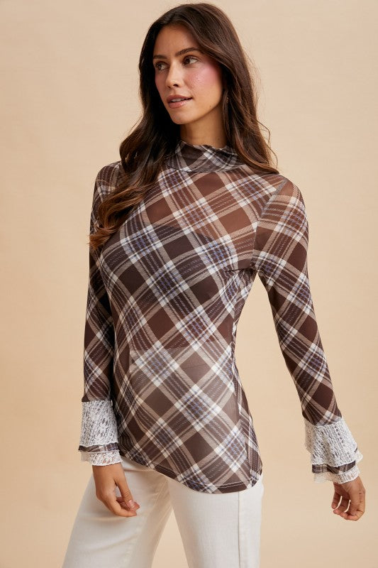 Good Vibes (Brown) Plaid Mesh Top