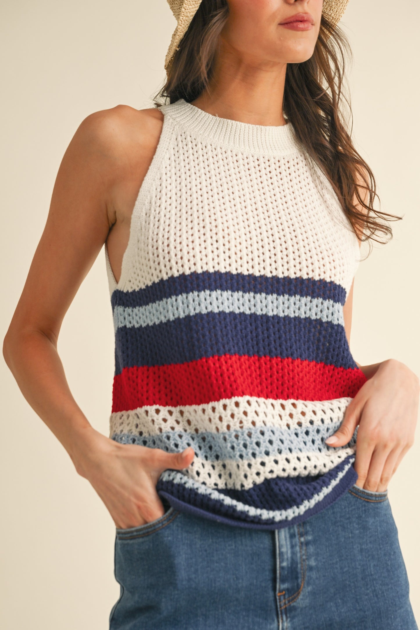 Lady Liberty Striped Halter Sweater Tank