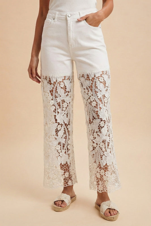Mixed Media (Wht) Crochet Lace Jeans