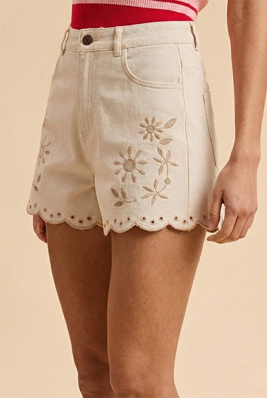 Lovely Day (Beige) Eyelet Denim Shorts
