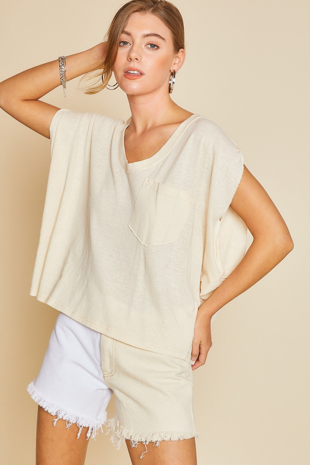 Alex (Cream) Oversized Raw Edge Tee