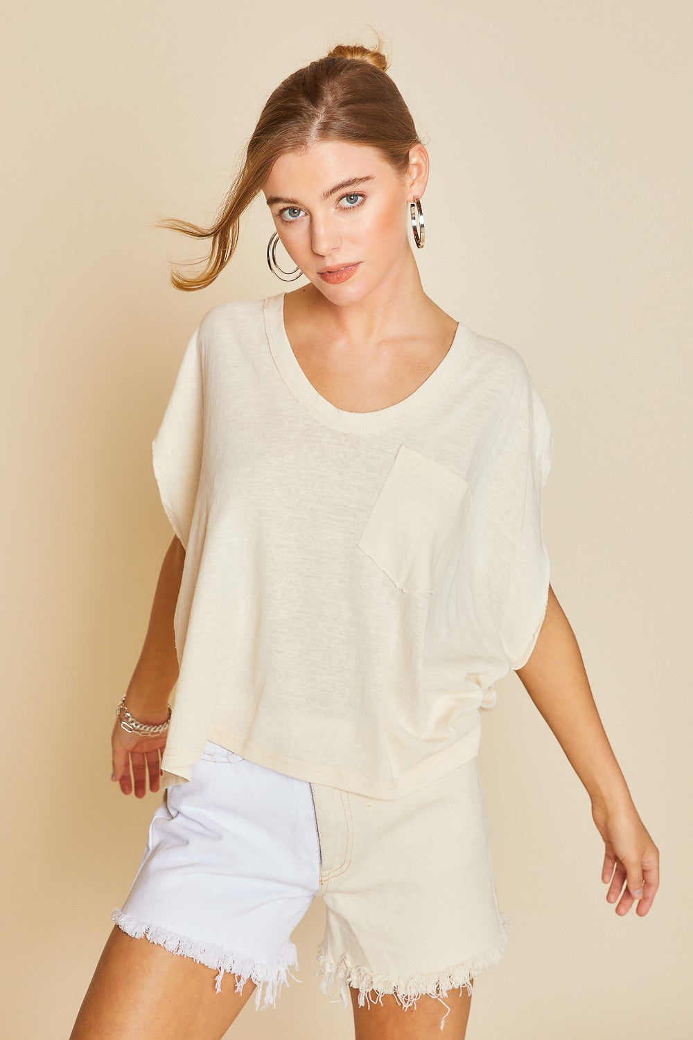 Alex (Cream) Oversized Raw Edge Tee