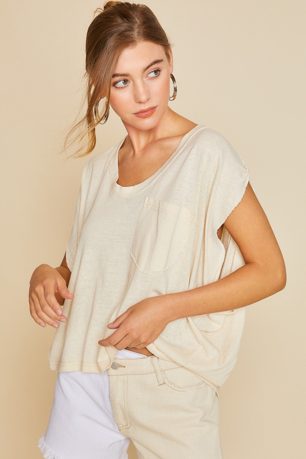 Alex (Cream) Oversized Raw Edge Tee