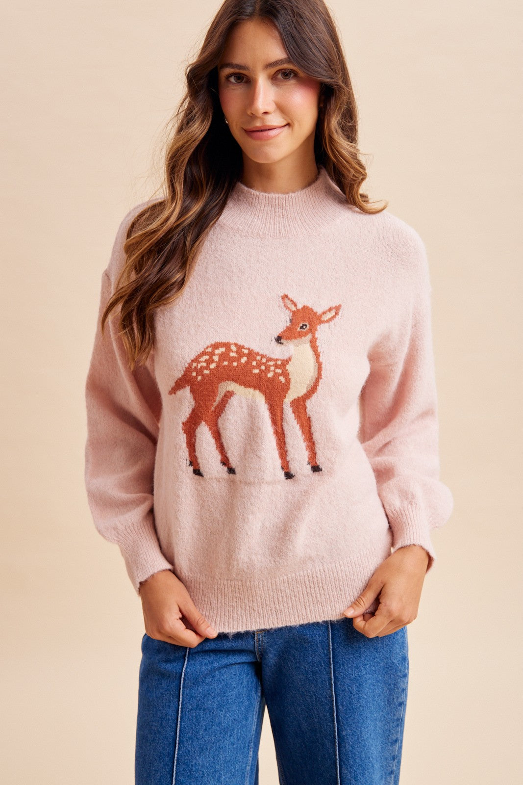 Bambi (Blush) Deer Mock Neck Sweater