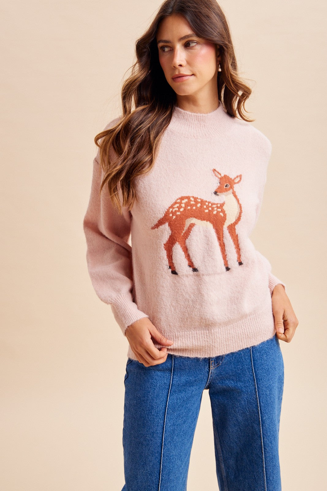 Bambi (Blush) Deer Mock Neck Sweater