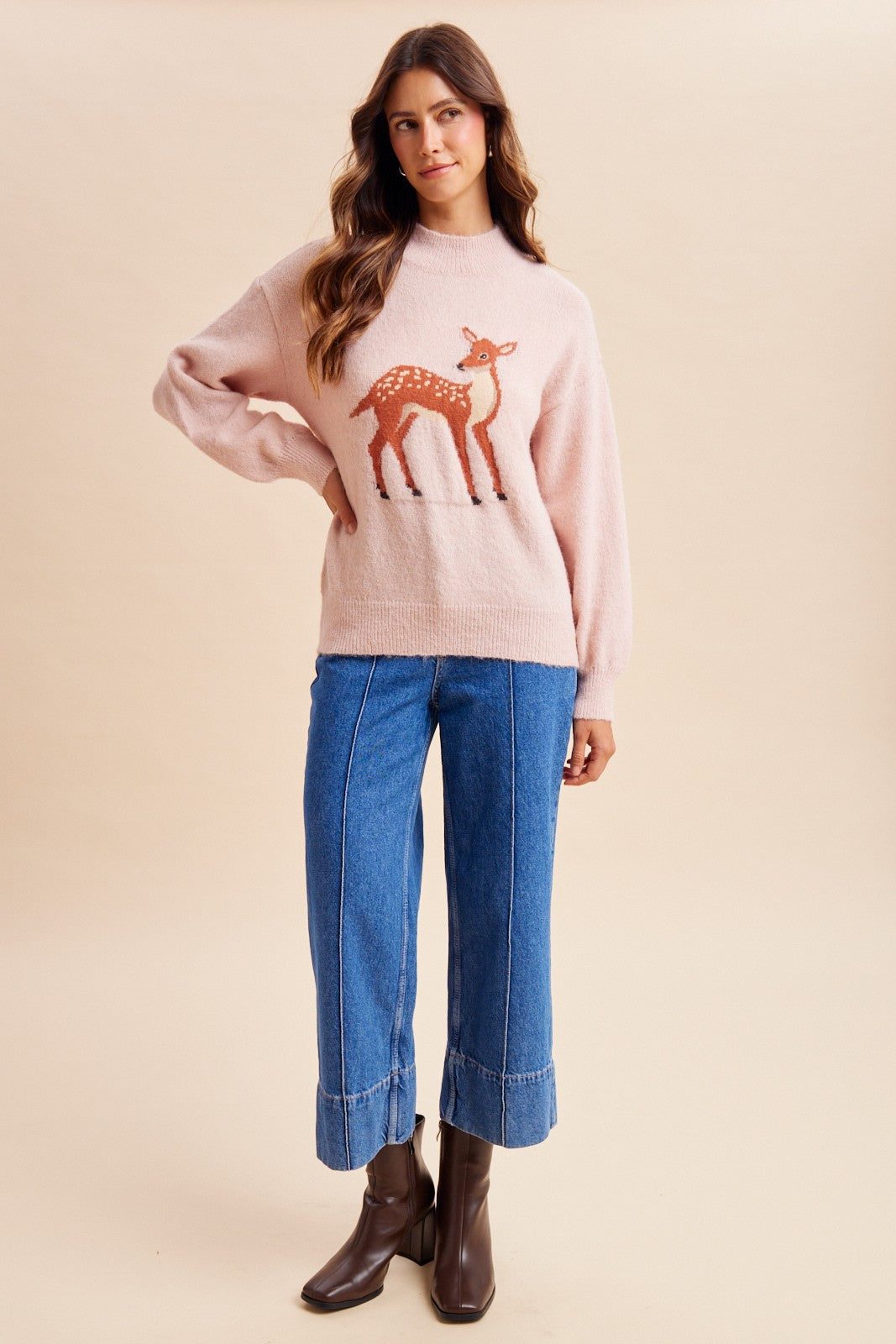 Bambi (Blush) Deer Mock Neck Sweater