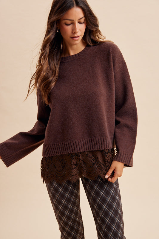 Sweet Melody (Brn) Lace Hem Sweater