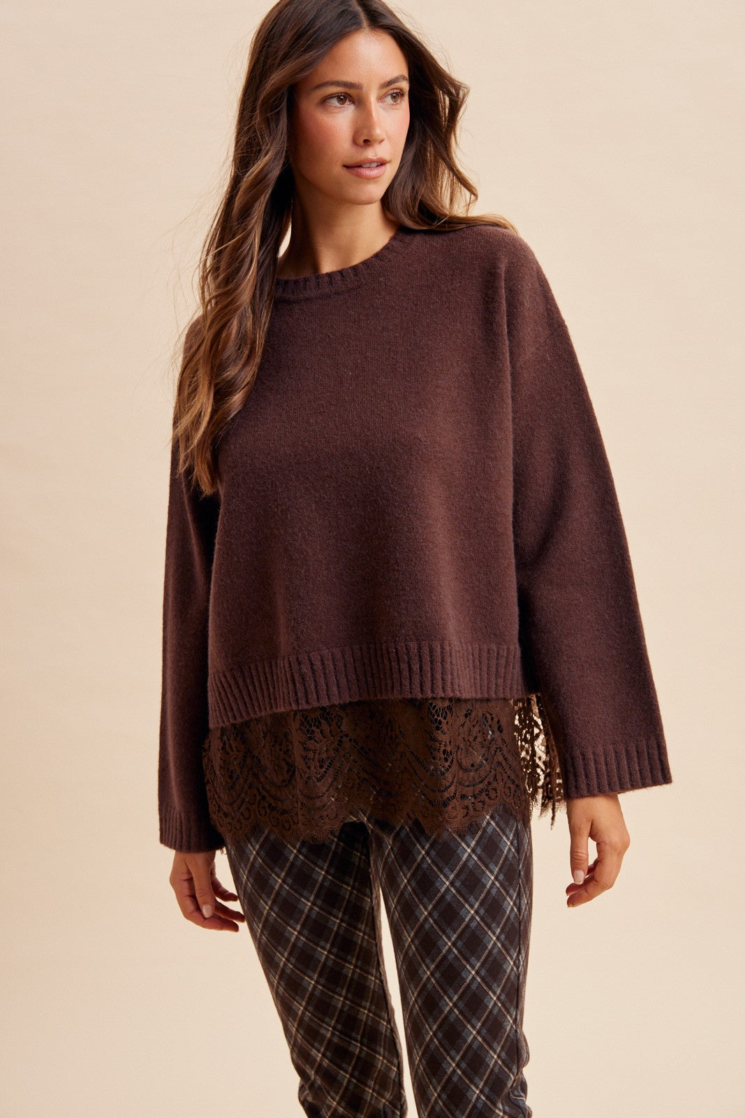 Sweet Melody (Brn) Lace Hem Sweater