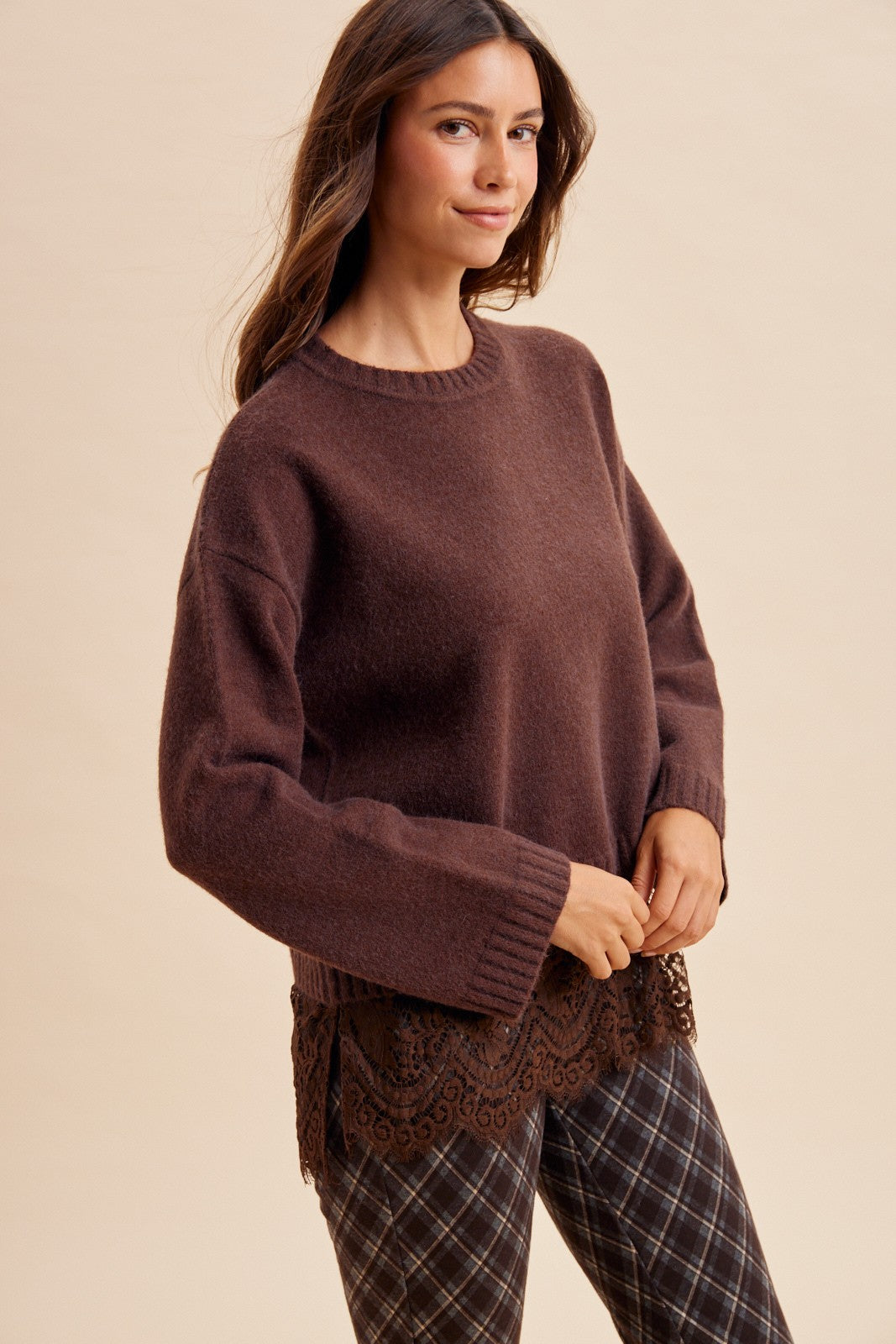 Sweet Melody (Brn) Lace Hem Sweater