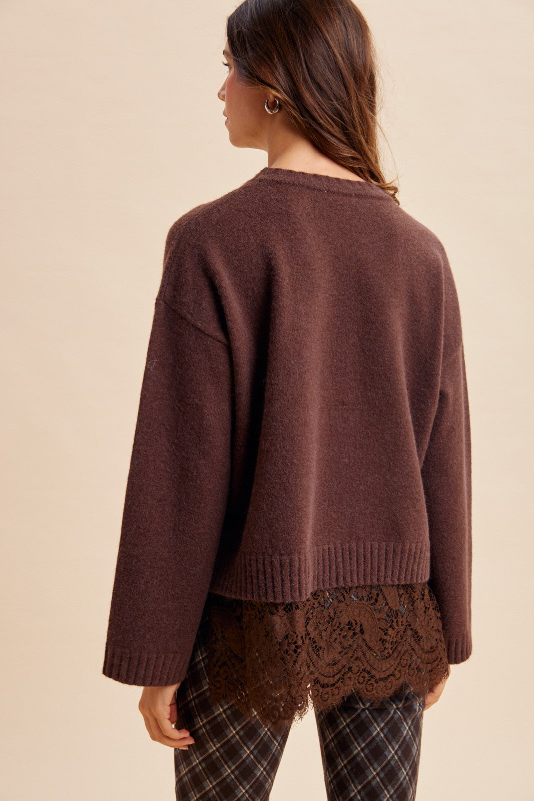 Sweet Melody (Brn) Lace Hem Sweater