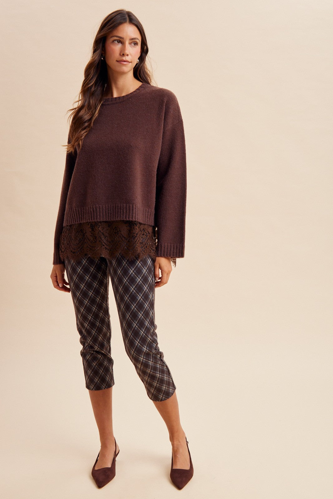 Sweet Melody (Brn) Lace Hem Sweater