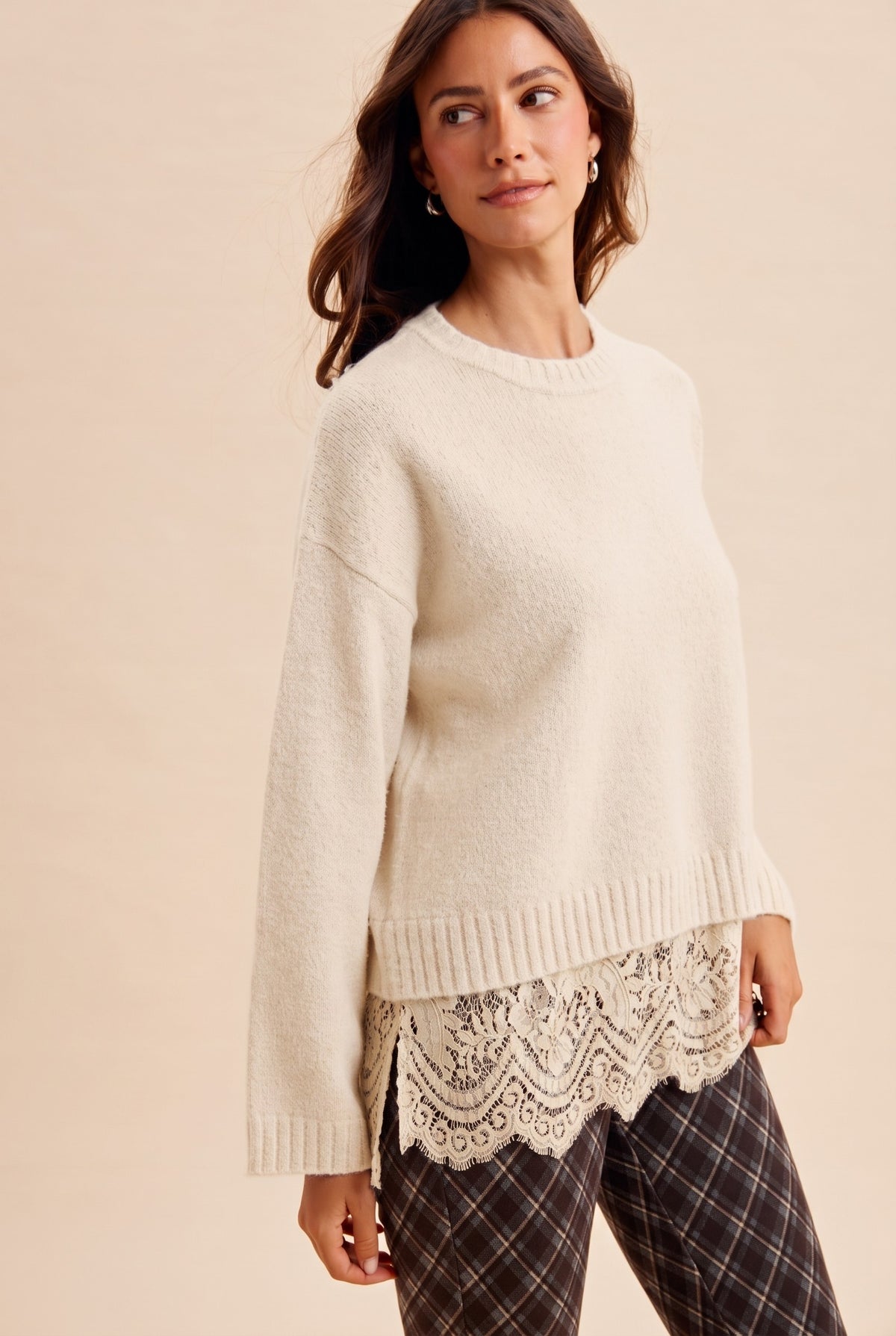 Sweet Melody (Crm) Lace Hem Sweater