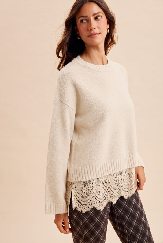 Sweet Melody (Crm) Lace Hem Sweater