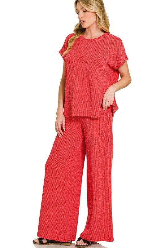 In Motion (Red) Ribbed Wide Leg Pants