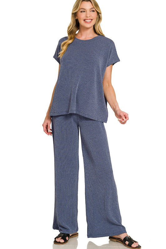 In Motion (Navy) Ribbed Wide Leg Pants