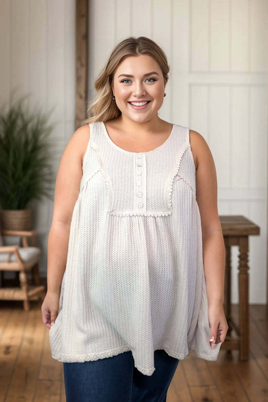 (Preorder) Lacey Oatmeal Sleeveless Top (S-3XL)