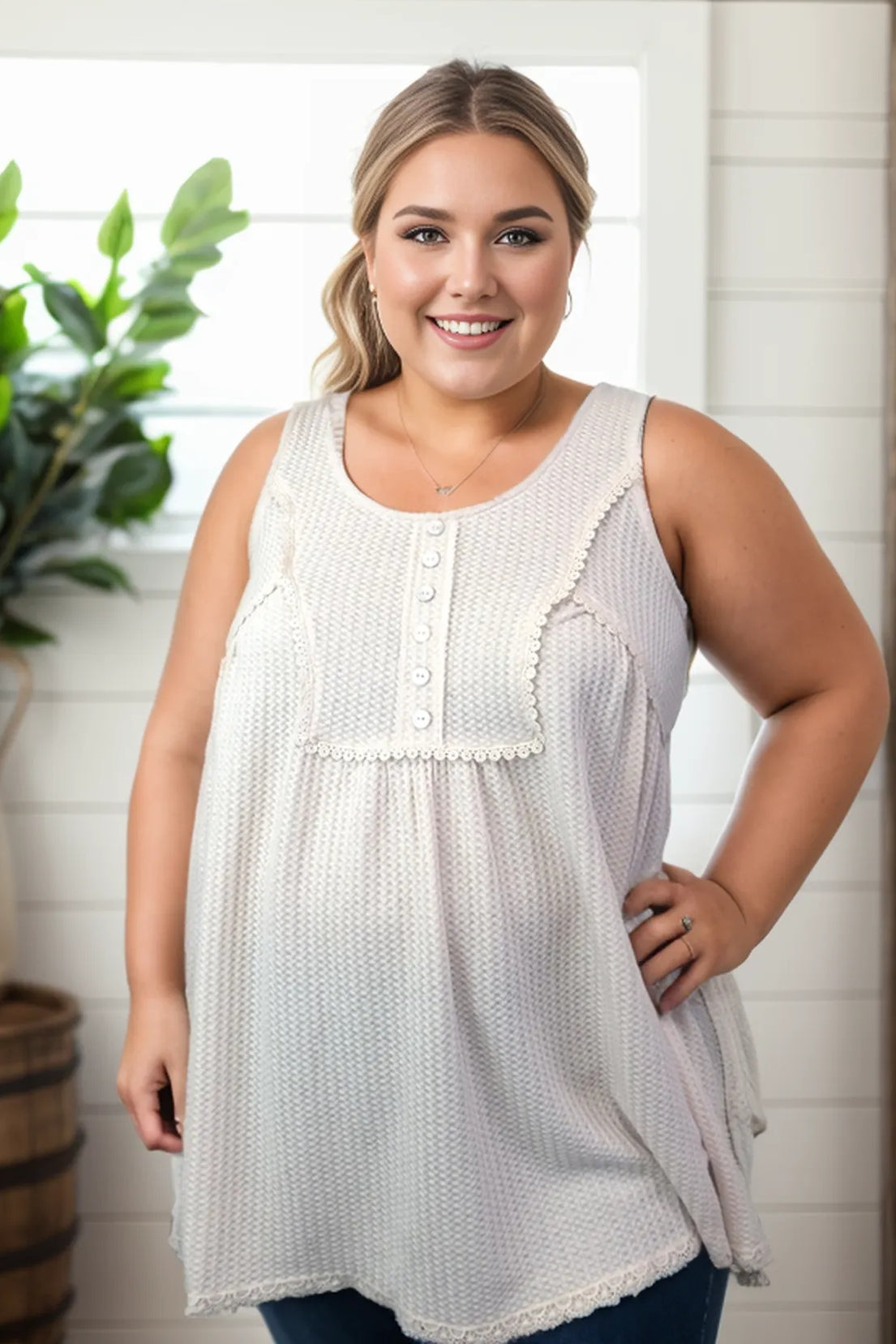 (Preorder) Lacey Oatmeal Sleeveless Top (S-3XL)