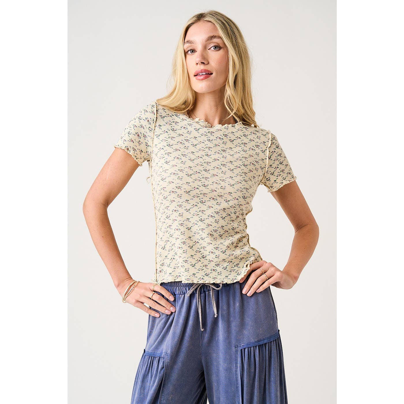 Daring Dreams Floral SS Waffle Knit Top