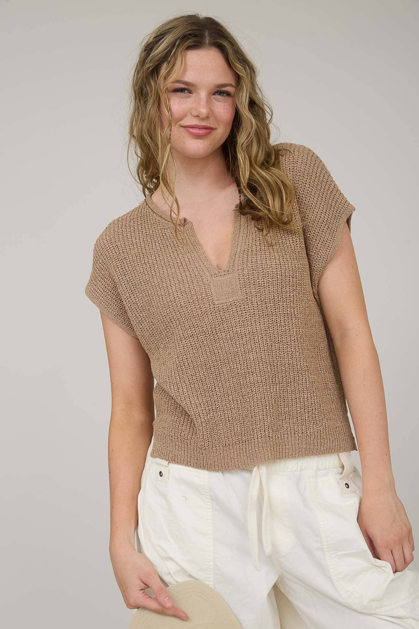 Day Trip (Taupe) SS Split Neck Sweater