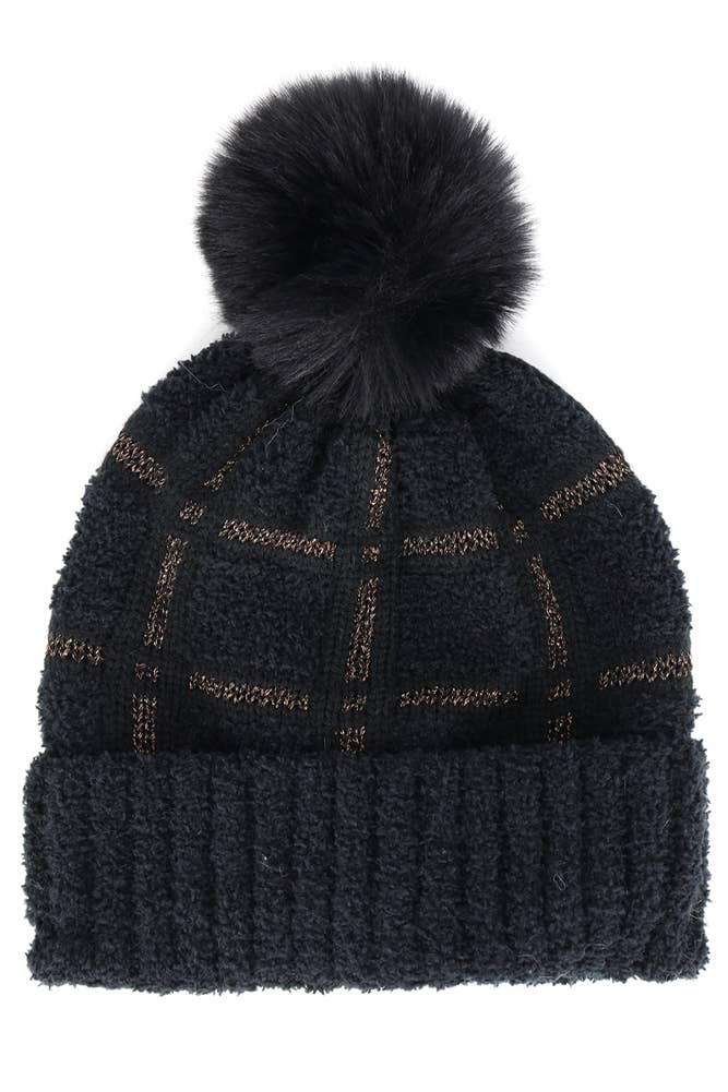 Plaid Pattern Fur Pom Beanie