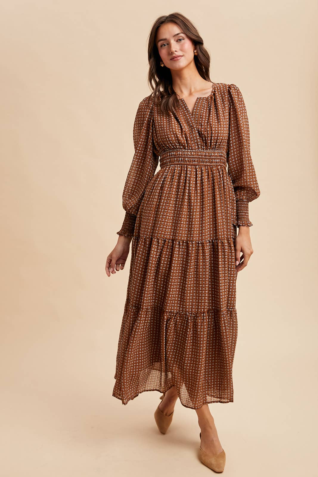 Caramel Latte Notched Collar Maxi Dress