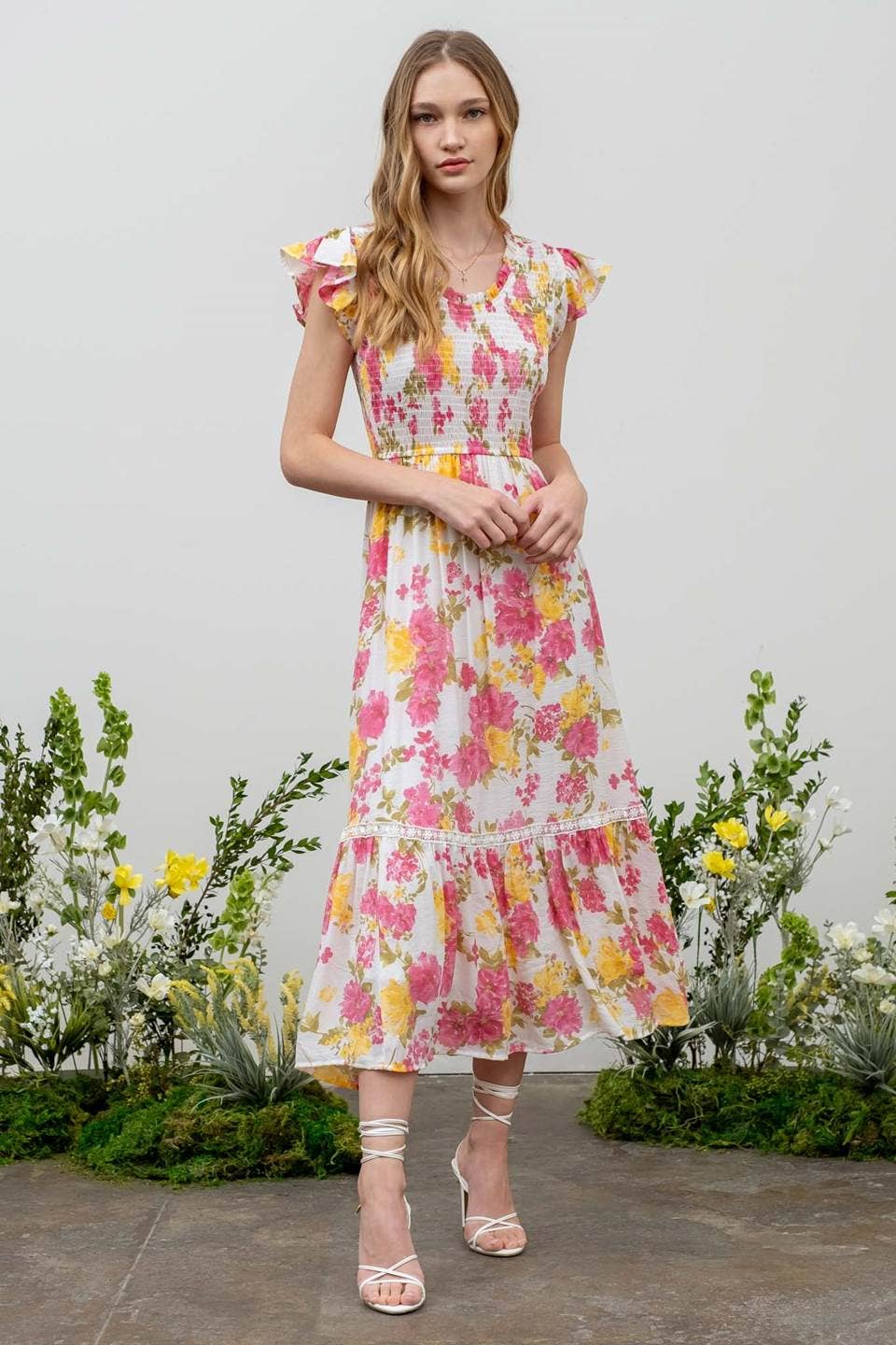 Spring Blooms Floral Smocked Midi Dress