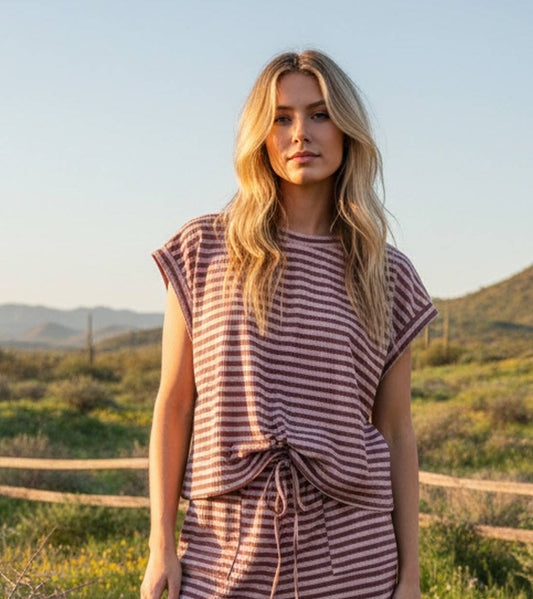 After You (Rose/Brn) Striped Rib Top