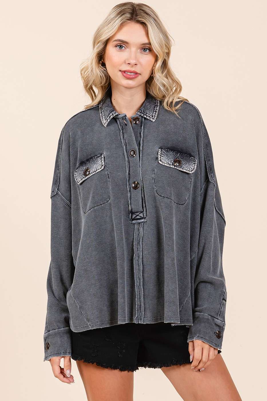 There She Goes (Black) Waffle Henley Top