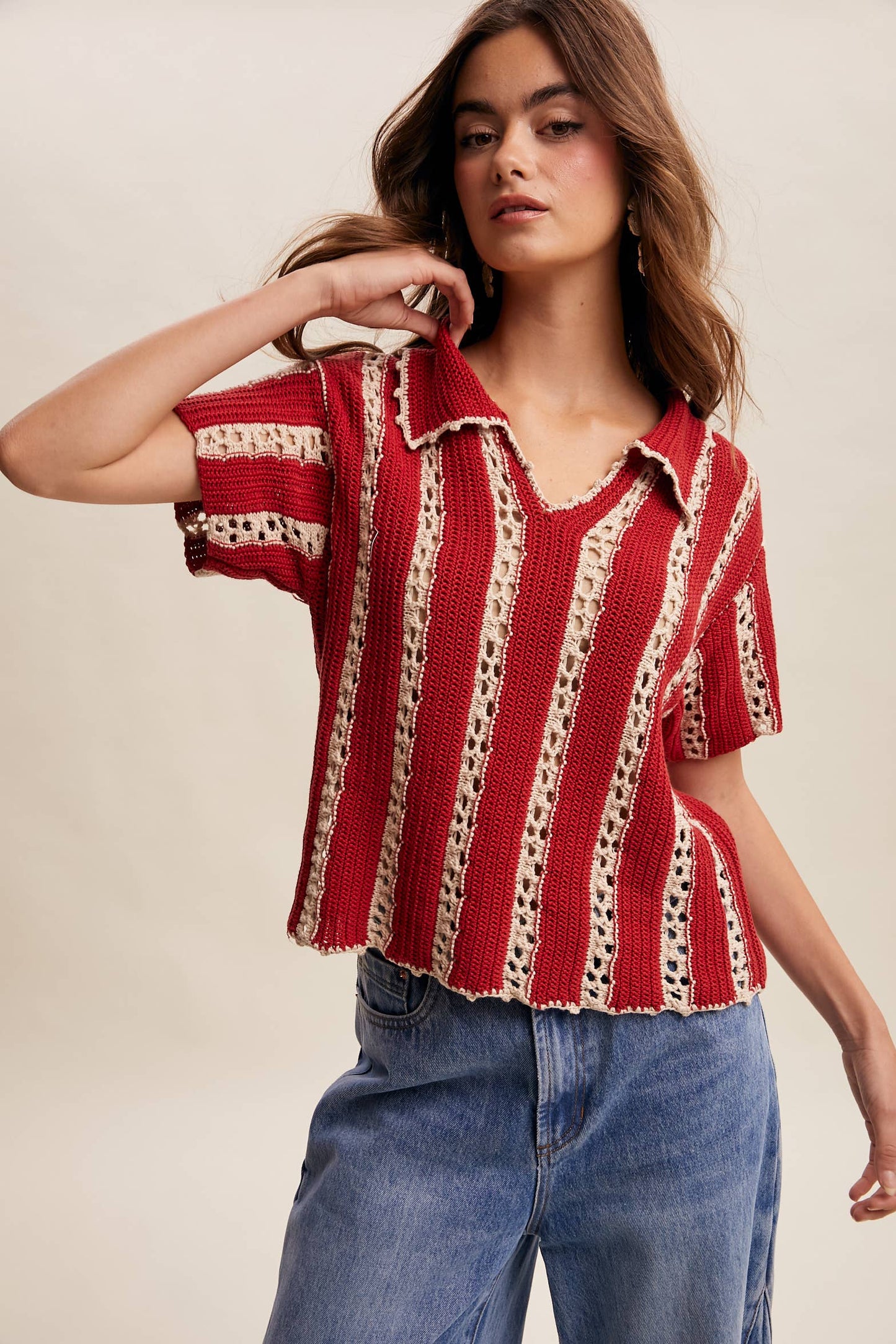East Meets West (Red) Crochet Stripe Top