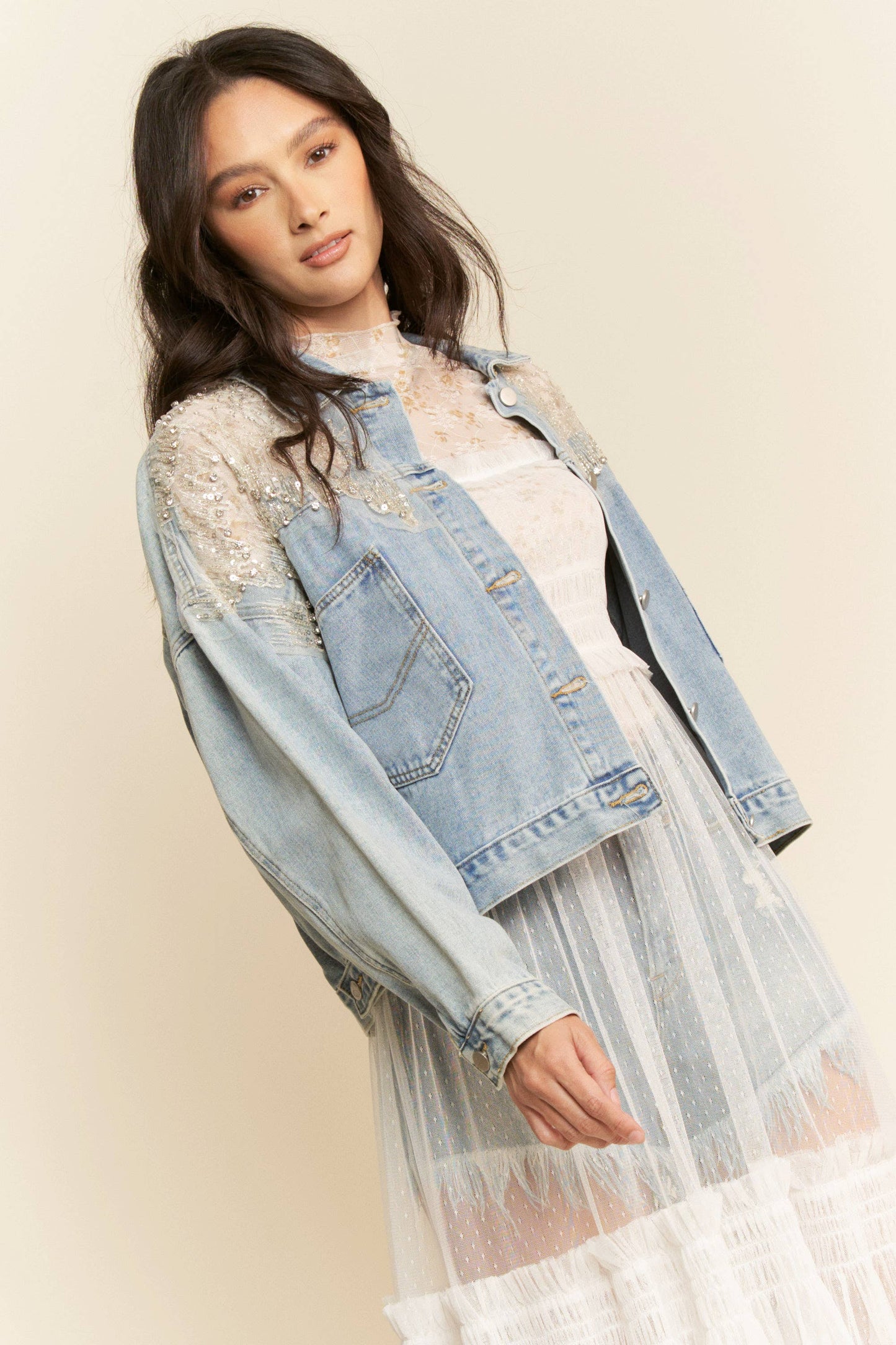 Denim & Lace Sequin Denim Jacket